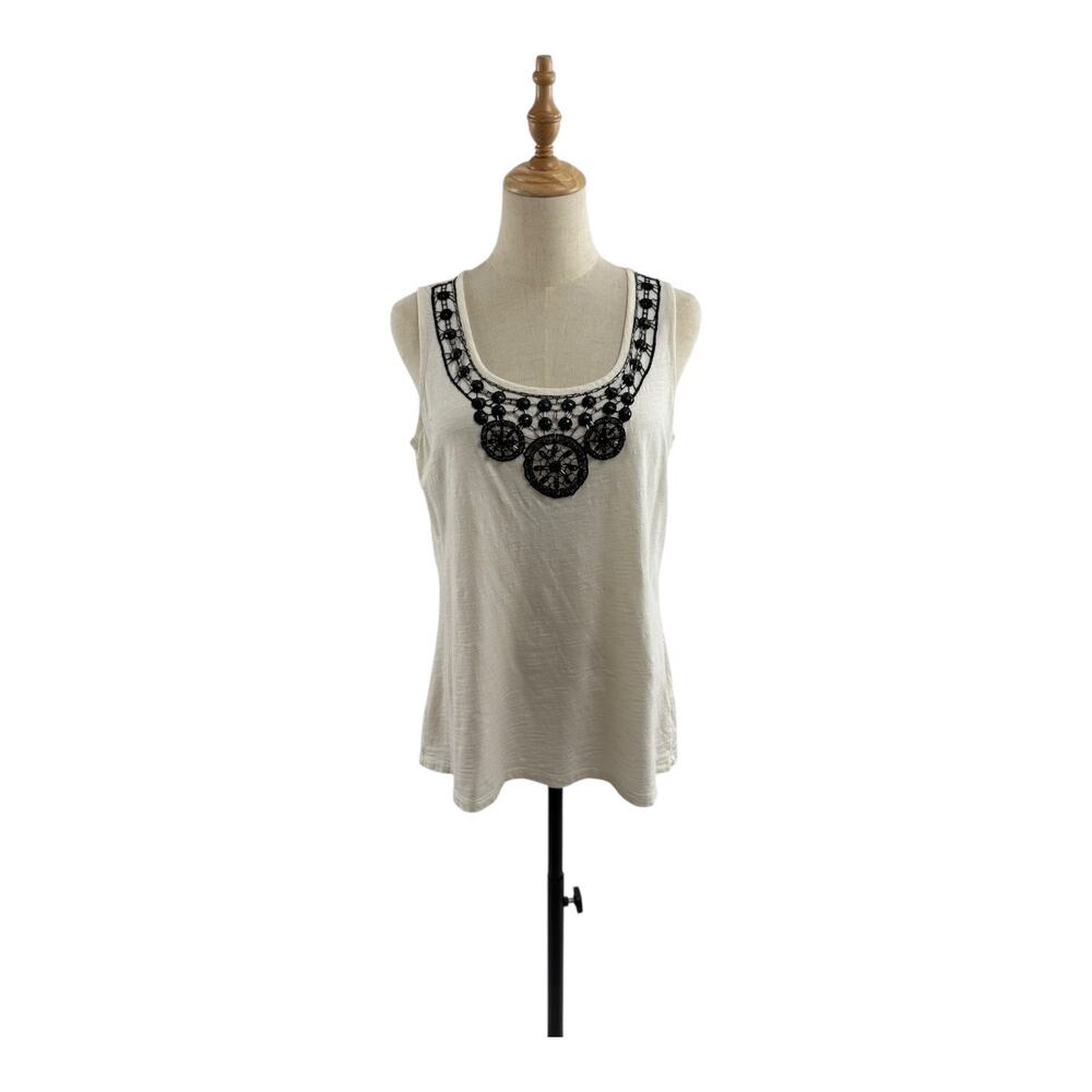 By Chicos Cream Tank w/Black Beaded Neckline, Size 1 (M, Size 8)